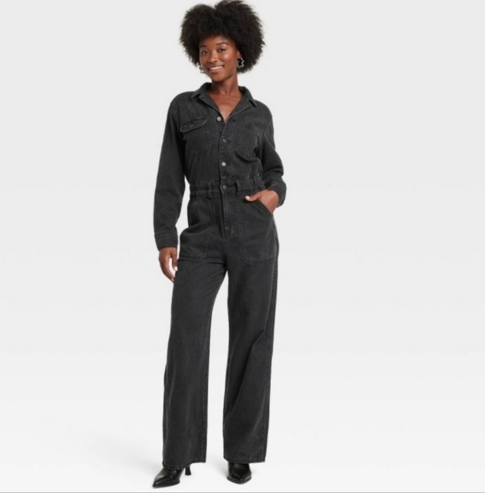 Woman's Long Sleeve Denim Jumpsuit - Universal Threads - Black - 2